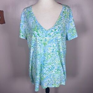NWT Lilly Pulitzer Etta V Neck Blue Dandy Lions Floral Short Sleeve Top Size XL